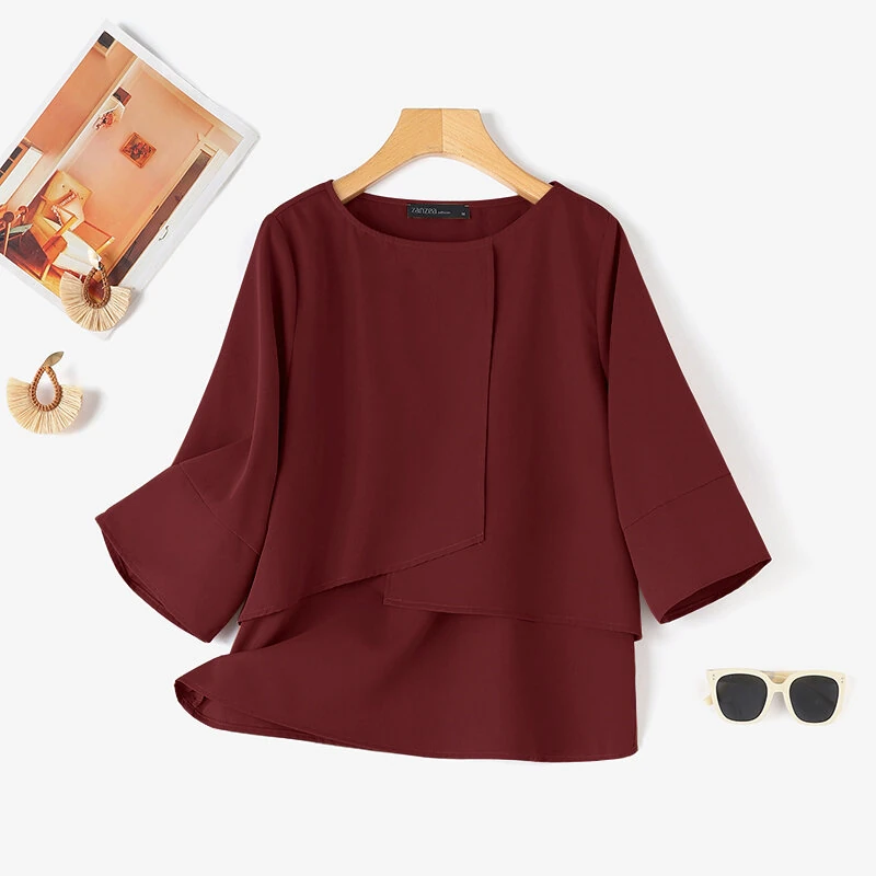 (image for) ZANZEA Elegant Style Women's Blouse Round Neck Half Sleeve Double Layer Casual Shirt Fashion Pullover Top