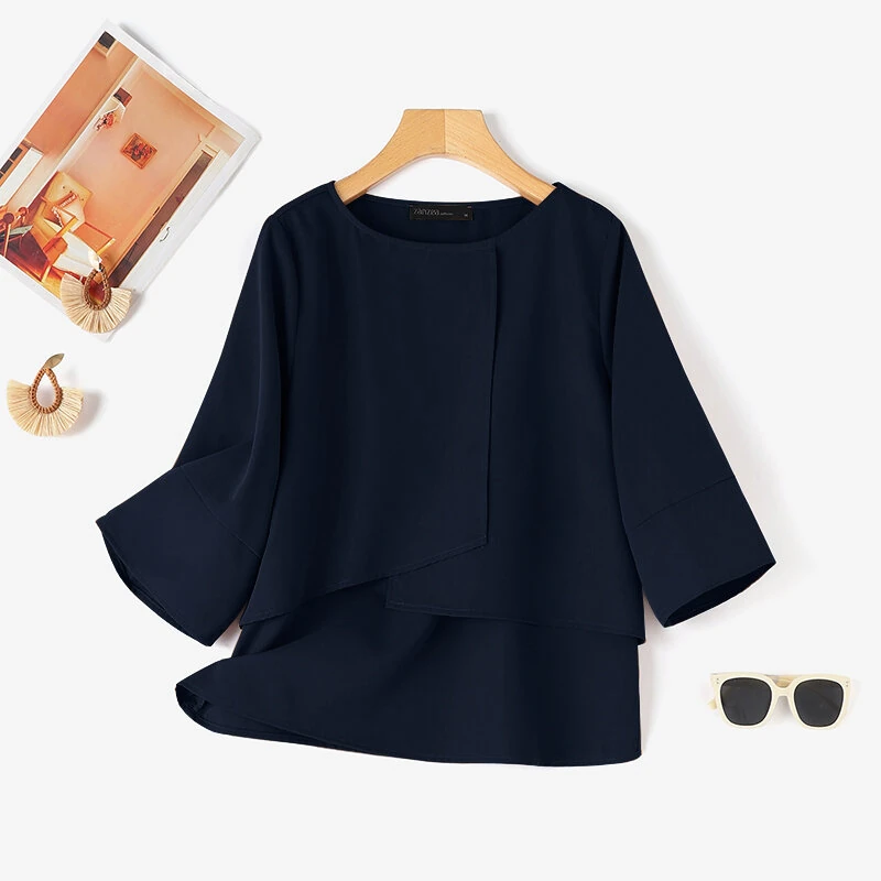 (image for) ZANZEA Elegant Style Women's Blouse Round Neck Half Sleeve Double Layer Casual Shirt Fashion Pullover Top