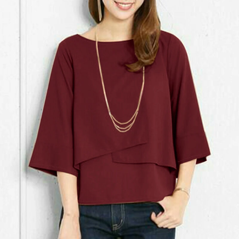 (image for) ZANZEA Elegant Style Women's Blouse Round Neck Half Sleeve Double Layer Casual Shirt Fashion Pullover Top