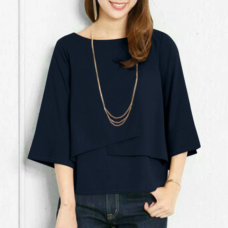 (image for) ZANZEA Elegant Style Women's Blouse Round Neck Half Sleeve Double Layer Casual Shirt Fashion Pullover Top