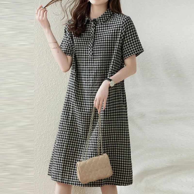 (image for) ZANZEA Elegant Style Women's Dresses Daily Short Sleeve Lapel Plaid Loose Midi Shirt Dress