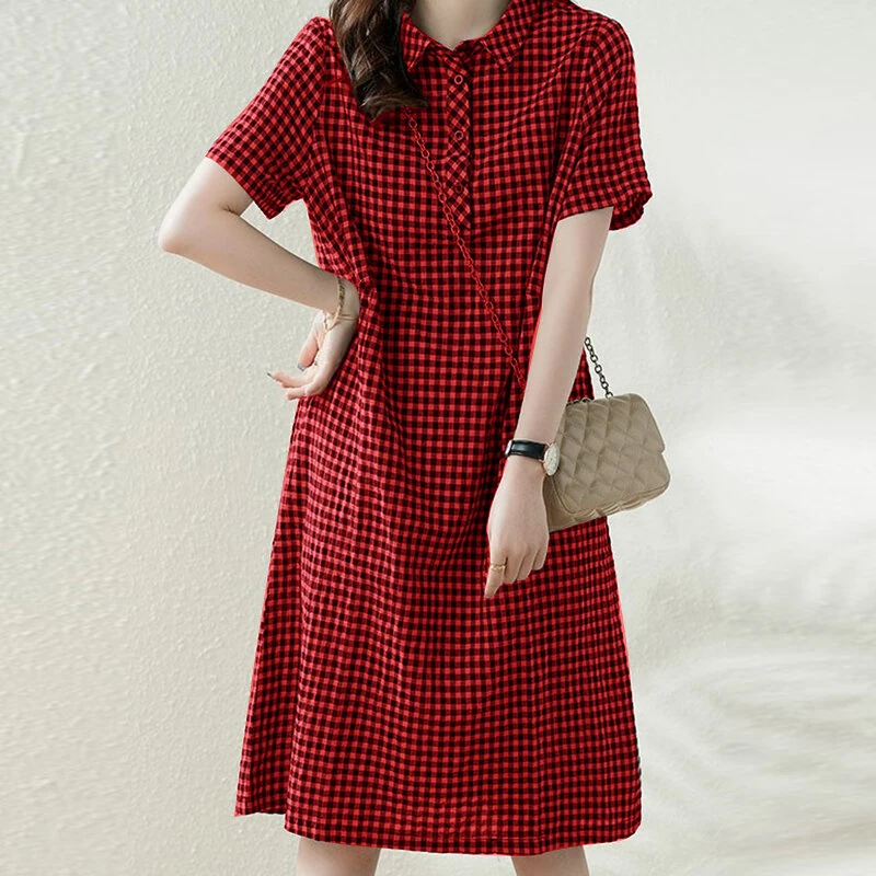 (image for) ZANZEA Elegant Style Women's Dresses Daily Short Sleeve Lapel Plaid Loose Midi Shirt Dress
