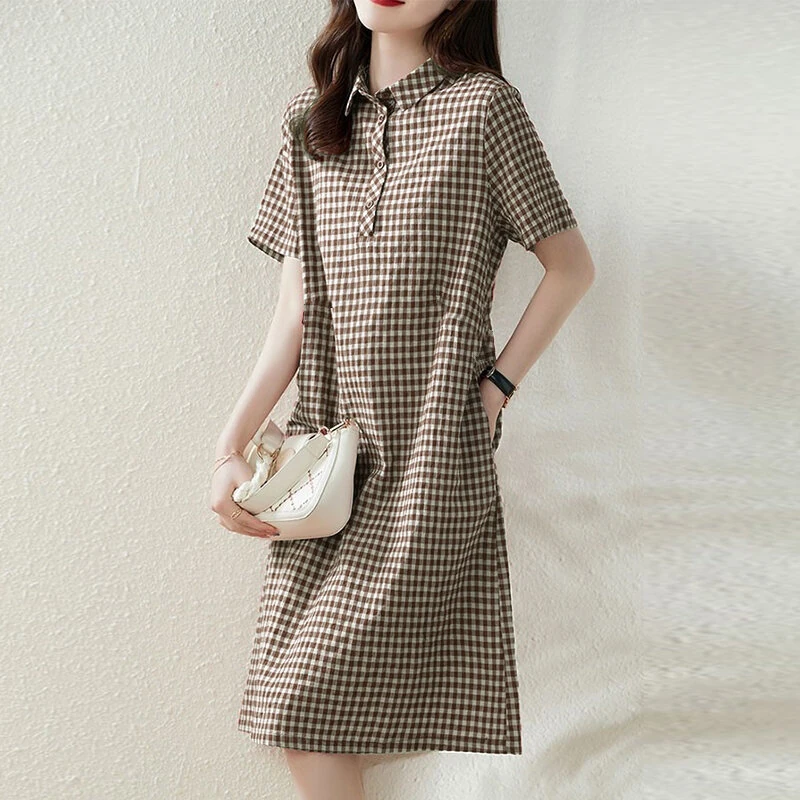 (image for) ZANZEA Elegant Style Women's Dresses Daily Short Sleeve Lapel Plaid Loose Midi Shirt Dress