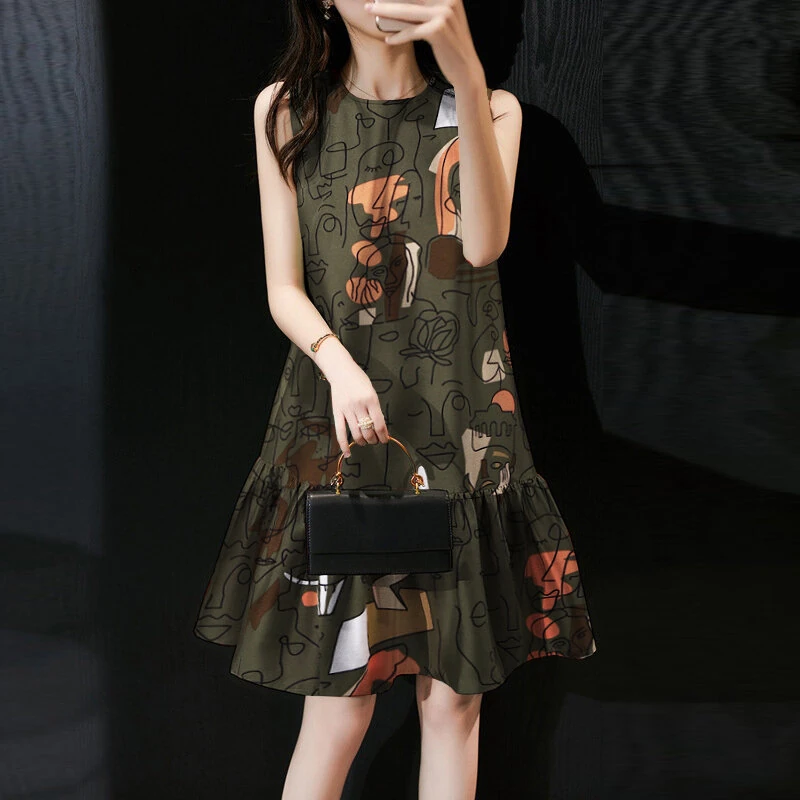 (image for) ZANZEA Elegant Style Women's Dresses Sleeveless Round Neck Printed A-Line Mermaid Dress