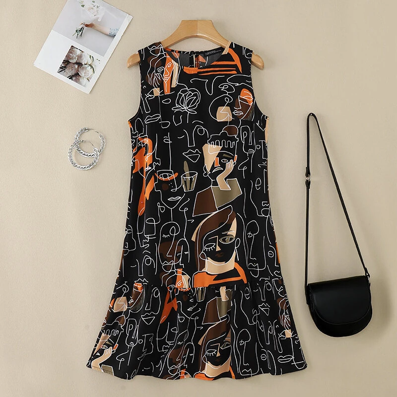 (image for) ZANZEA Elegant Style Women's Dresses Sleeveless Round Neck Printed A-Line Mermaid Dress