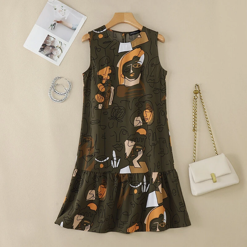 (image for) ZANZEA Elegant Style Women's Dresses Sleeveless Round Neck Printed A-Line Mermaid Dress