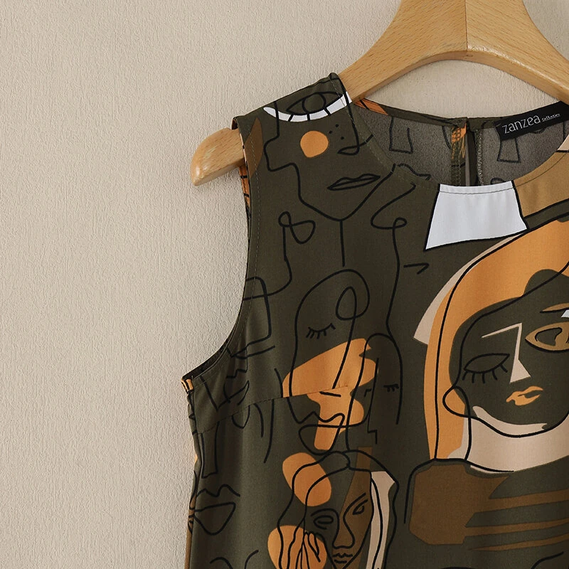 (image for) ZANZEA Elegant Style Women's Dresses Sleeveless Round Neck Printed A-Line Mermaid Dress