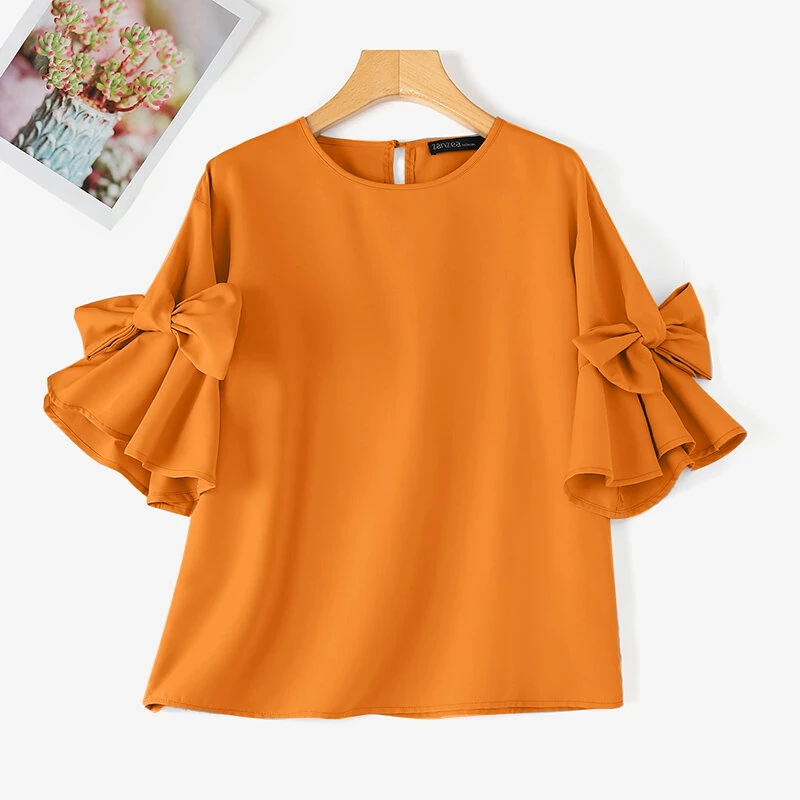 (image for) ZANZEA Elegant Style Womens Shirts Blouses Ladylike Crew Neck Ruffled Sleeves Tops Side Bowknot Solid Blouses