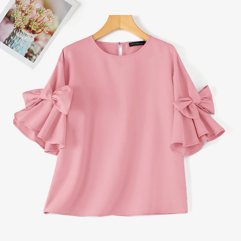 (image for) ZANZEA Elegant Style Womens Shirts Blouses Ladylike Crew Neck Ruffled Sleeves Tops Side Bowknot Solid Blouses