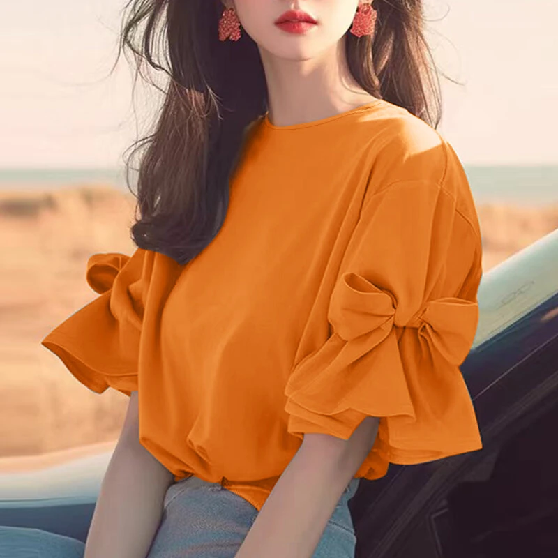 (image for) ZANZEA Elegant Style Womens Shirts Blouses Ladylike Crew Neck Ruffled Sleeves Tops Side Bowknot Solid Blouses