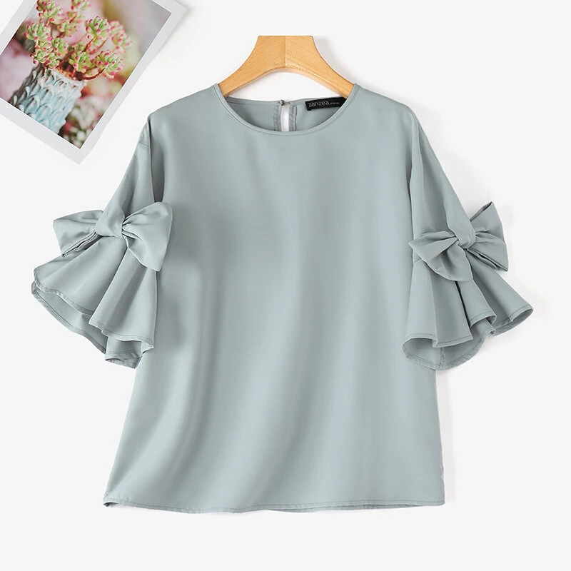 (image for) ZANZEA Elegant Style Womens Shirts Blouses Ladylike Crew Neck Ruffled Sleeves Tops Side Bowknot Solid Blouses