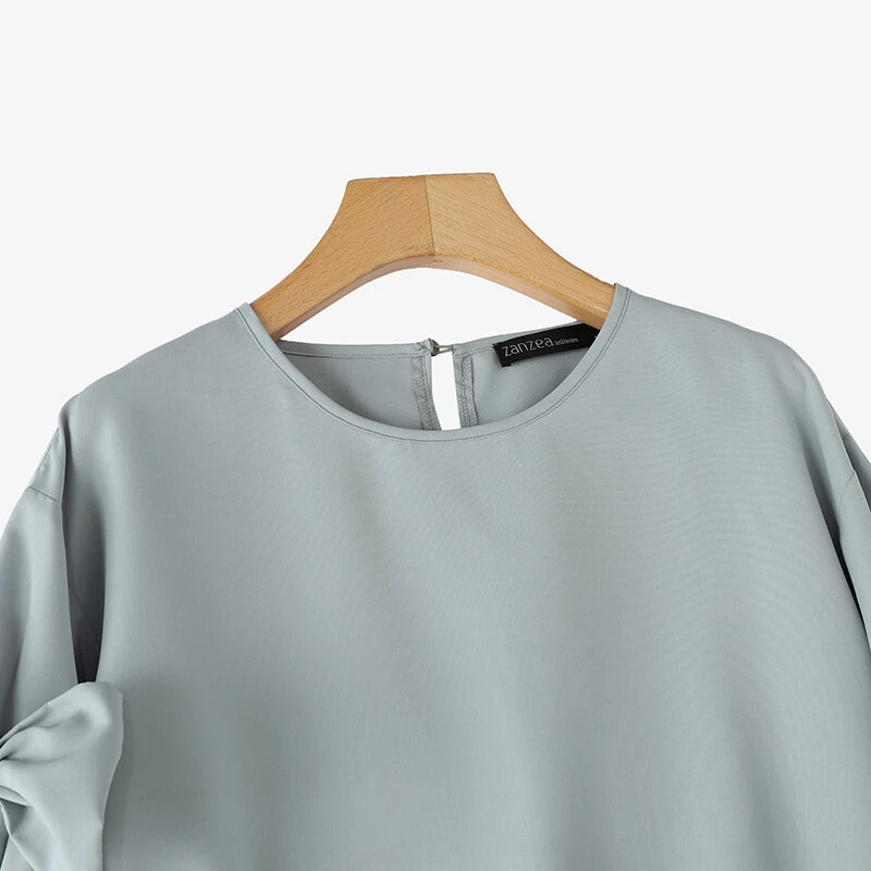 (image for) ZANZEA Elegant Style Womens Shirts Blouses Ladylike Crew Neck Ruffled Sleeves Tops Side Bowknot Solid Blouses