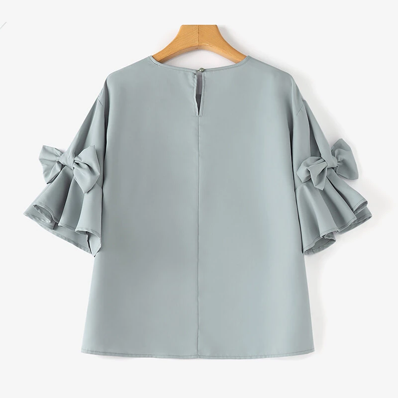 (image for) ZANZEA Elegant Style Womens Shirts Blouses Ladylike Crew Neck Ruffled Sleeves Tops Side Bowknot Solid Blouses