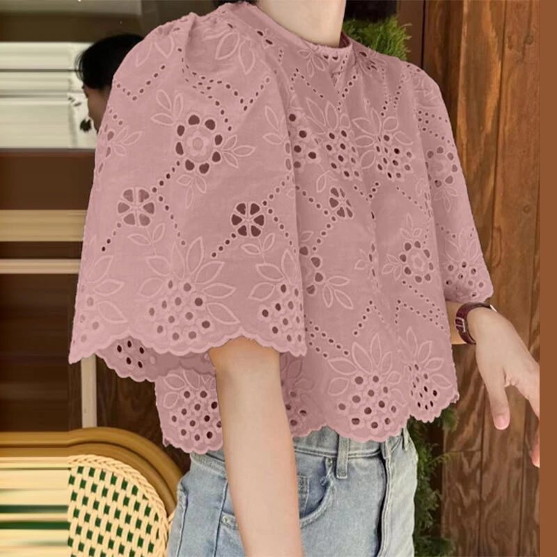 (image for) ZANZEA Elegant Style Womens Vintage Casual Cotton Crop Shirts Top Vacation Crew Neck Hollow Embroidery Blouses