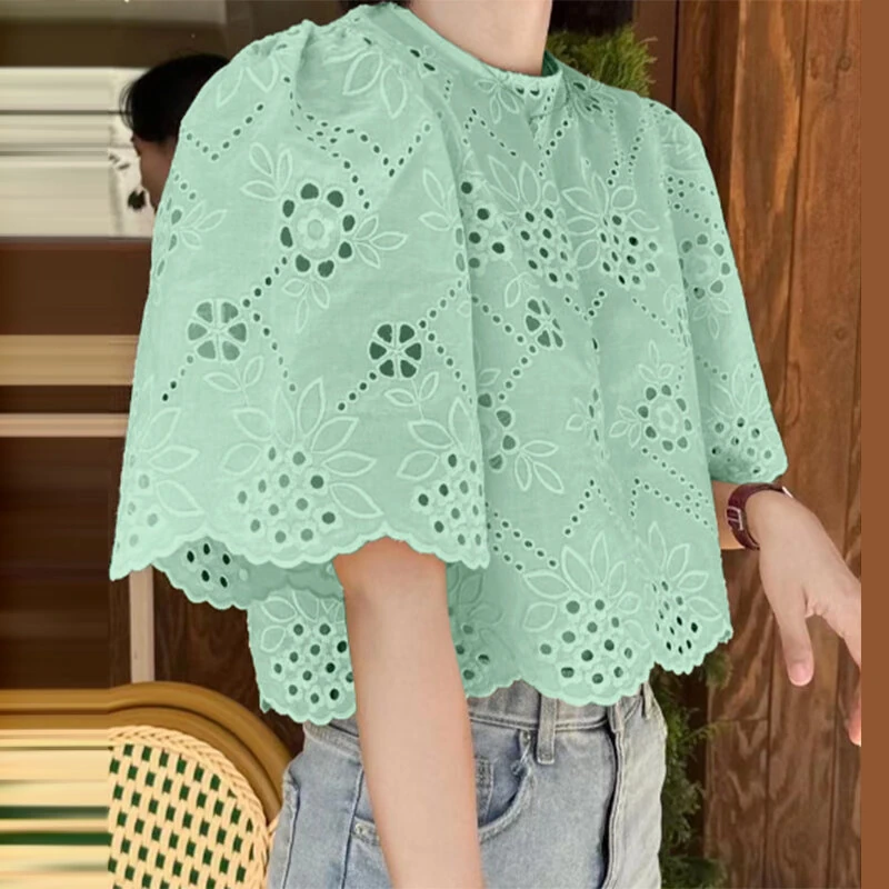 (image for) ZANZEA Elegant Style Womens Vintage Casual Cotton Crop Shirts Top Vacation Crew Neck Hollow Embroidery Blouses