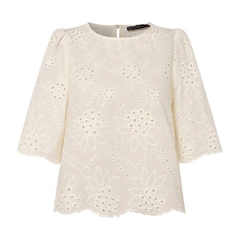 (image for) ZANZEA Elegant Style Womens Vintage Casual Cotton Crop Shirts Top Vacation Crew Neck Hollow Embroidery Blouses
