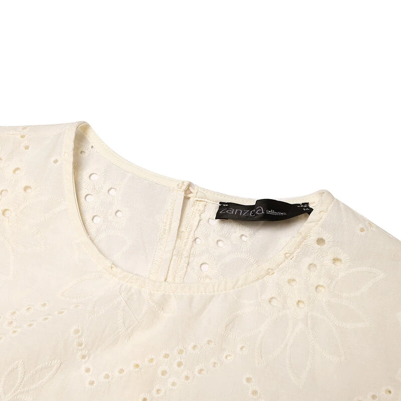 (image for) ZANZEA Elegant Style Womens Vintage Casual Cotton Crop Shirts Top Vacation Crew Neck Hollow Embroidery Blouses