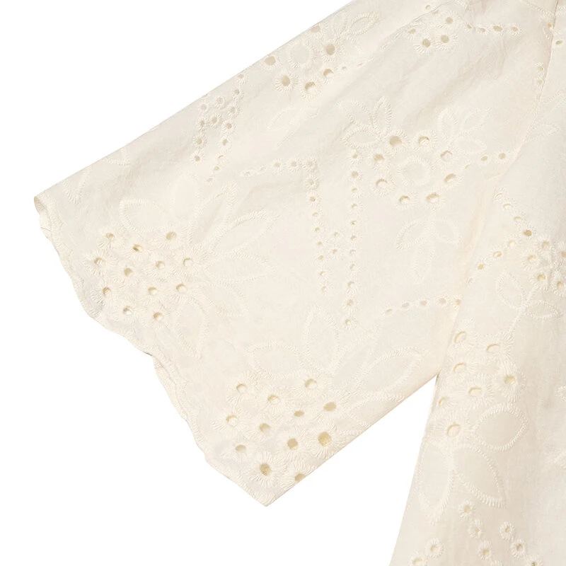 (image for) ZANZEA Elegant Style Womens Vintage Casual Cotton Crop Shirts Top Vacation Crew Neck Hollow Embroidery Blouses