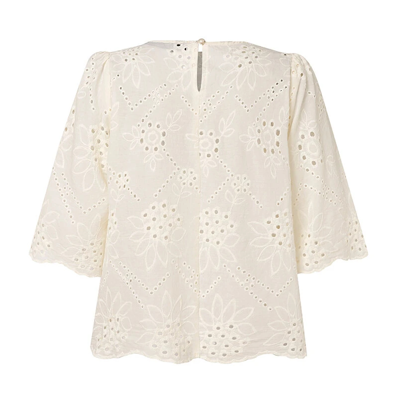 (image for) ZANZEA Elegant Style Womens Vintage Casual Cotton Crop Shirts Top Vacation Crew Neck Hollow Embroidery Blouses