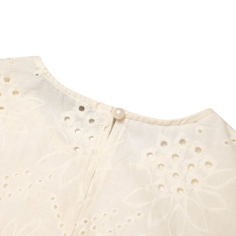 (image for) ZANZEA Elegant Style Womens Vintage Casual Cotton Crop Shirts Top Vacation Crew Neck Hollow Embroidery Blouses