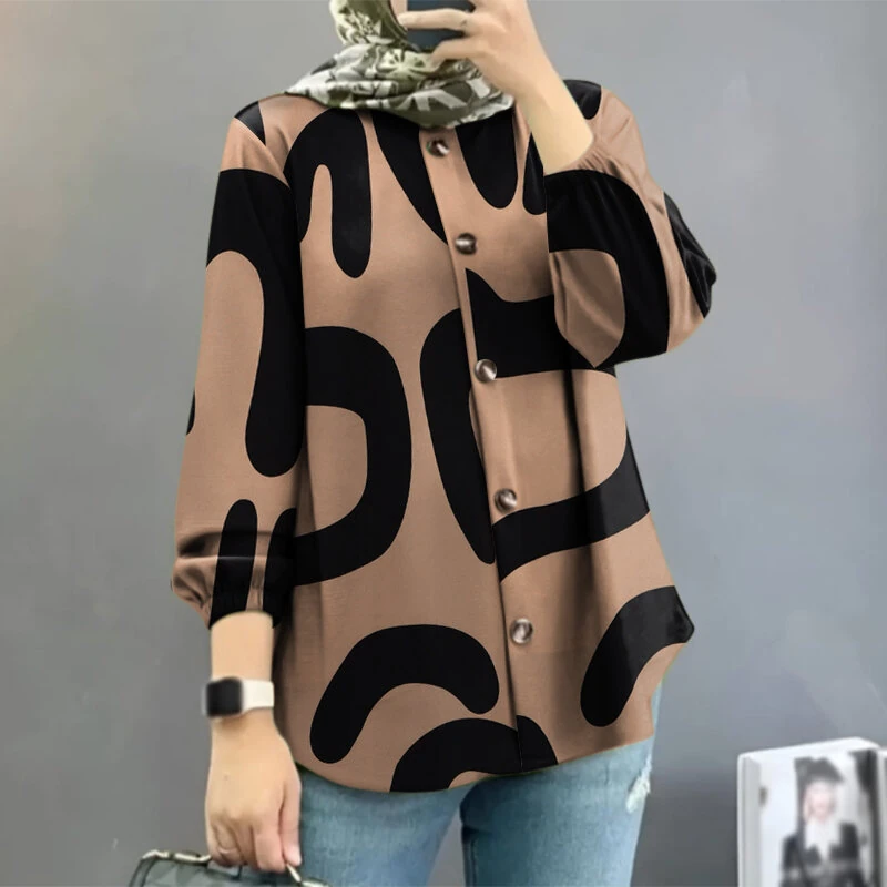 (image for) ZANZEA Ethnic Style Women Blouse Lantern Sleeve Geometric Pattern Shirt Fashion O-Neck Button Up Top