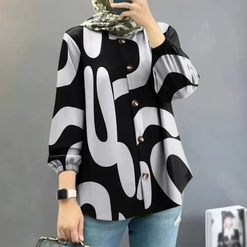 (image for) ZANZEA Ethnic Style Women Blouse Lantern Sleeve Geometric Pattern Shirt Fashion O-Neck Button Up Top