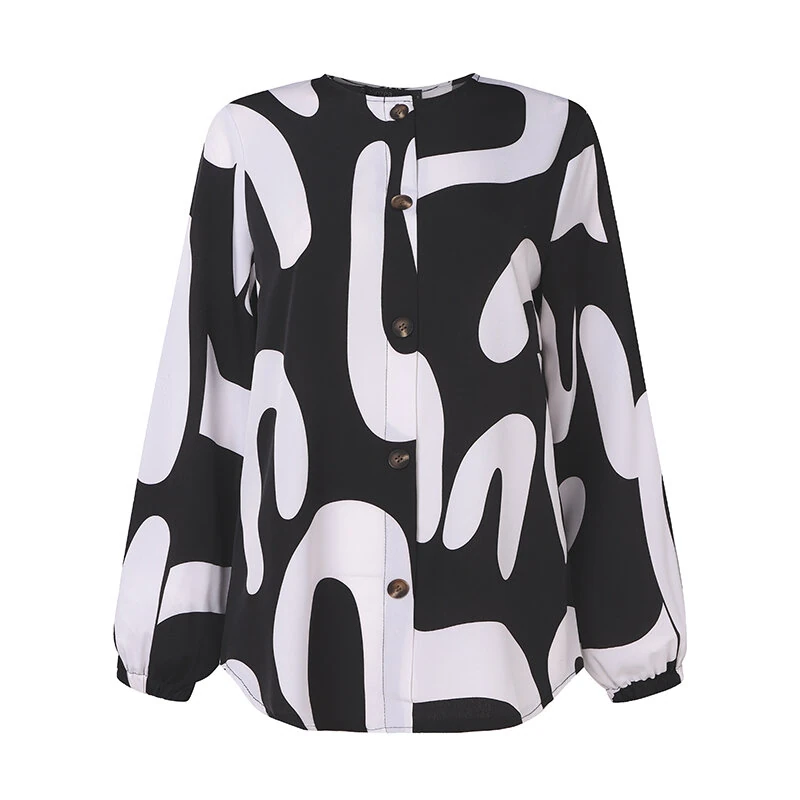 (image for) ZANZEA Ethnic Style Women Blouse Lantern Sleeve Geometric Pattern Shirt Fashion O-Neck Button Up Top