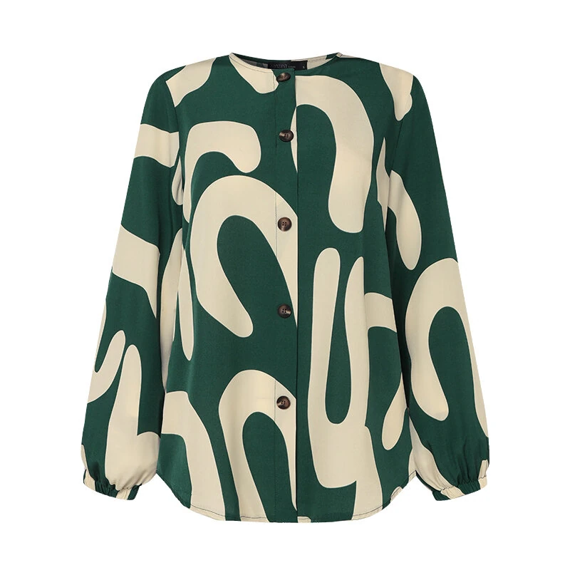 (image for) ZANZEA Ethnic Style Women Blouse Lantern Sleeve Geometric Pattern Shirt Fashion O-Neck Button Up Top