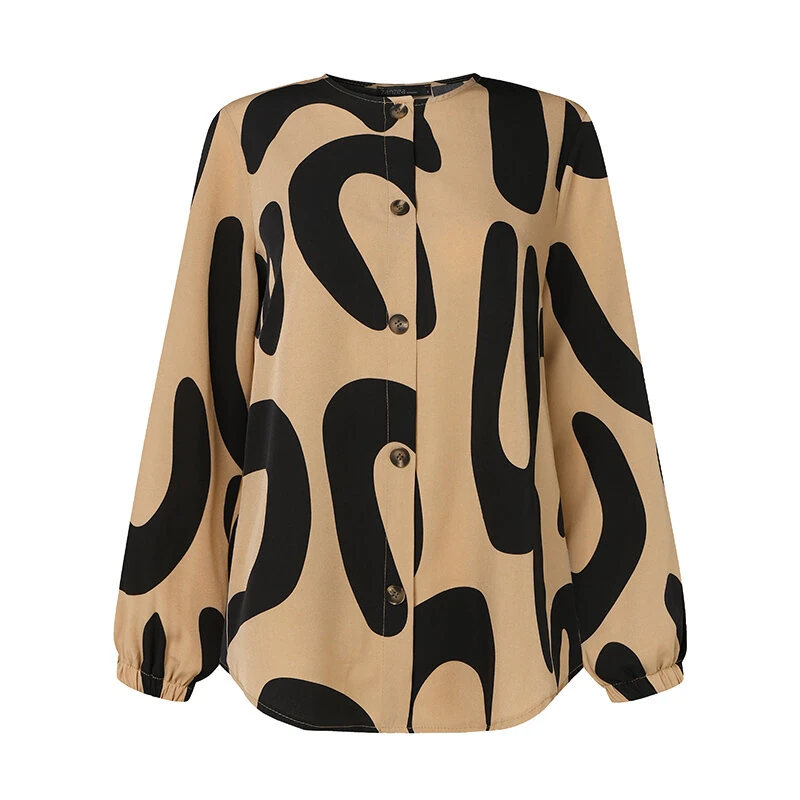(image for) ZANZEA Ethnic Style Women Blouse Lantern Sleeve Geometric Pattern Shirt Fashion O-Neck Button Up Top