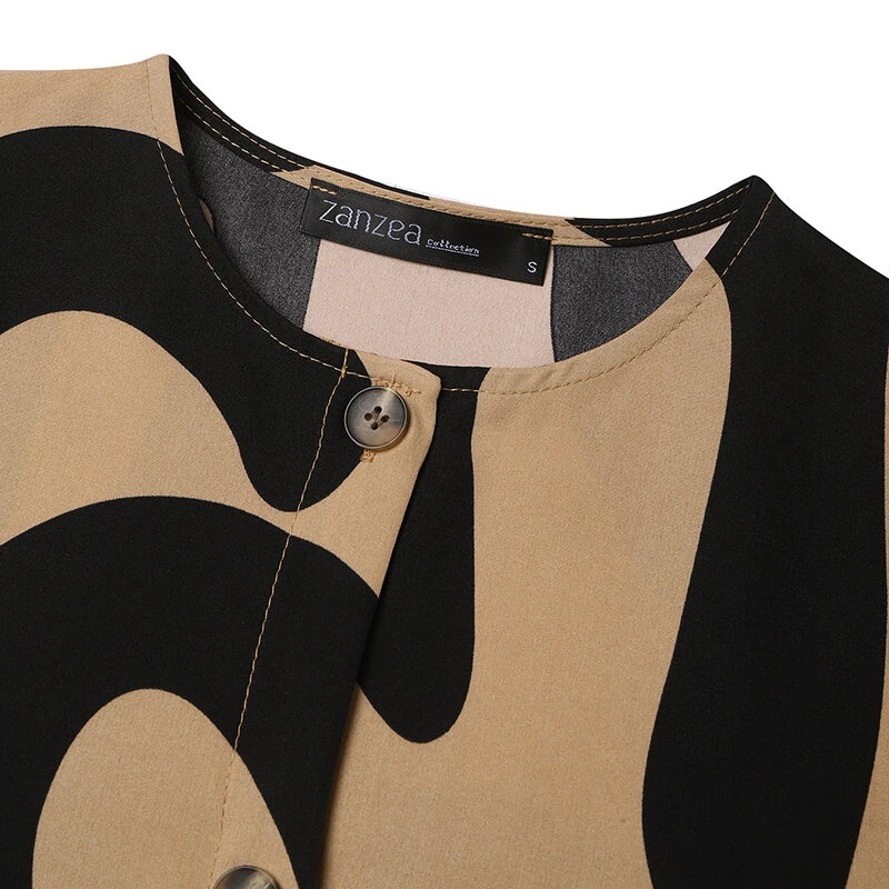 (image for) ZANZEA Ethnic Style Women Blouse Lantern Sleeve Geometric Pattern Shirt Fashion O-Neck Button Up Top