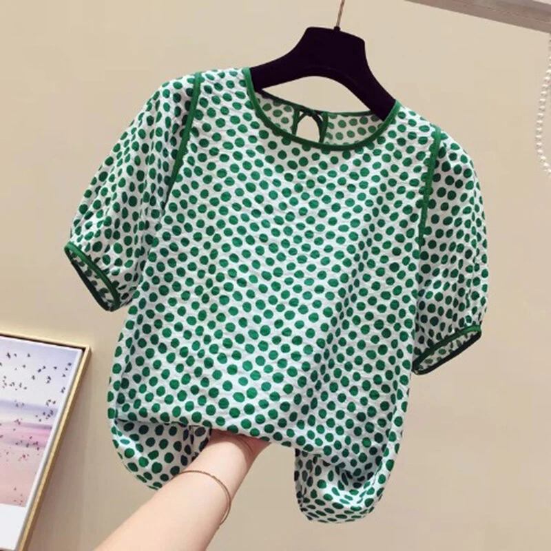 (image for) ZANZEA Females Polka Dot Top with Back Tie Lantern Sleeve and Open-Front Design, Womens Crew Neck Blouses Short Sleeve Shirts Plus Size S-5XL