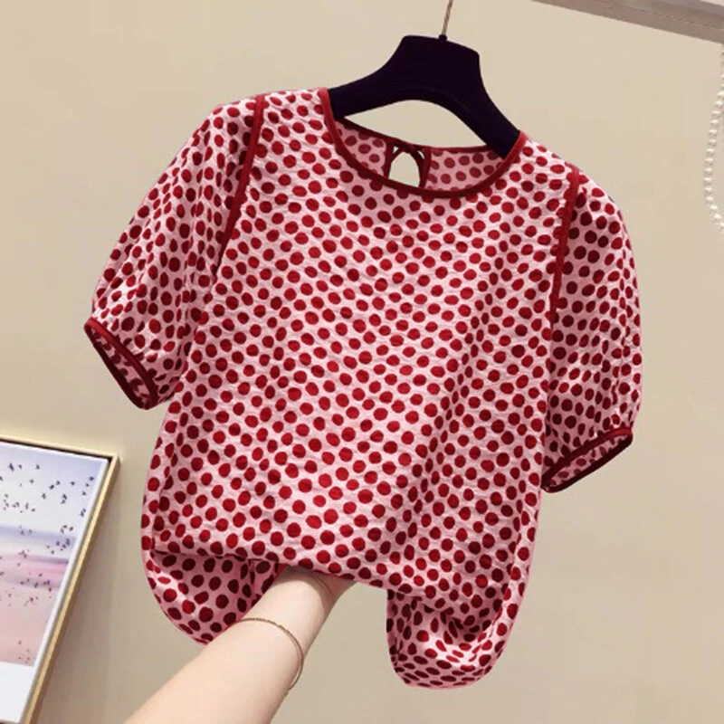 (image for) ZANZEA Females Polka Dot Top with Back Tie Lantern Sleeve and Open-Front Design, Womens Crew Neck Blouses Short Sleeve Shirts Plus Size S-5XL