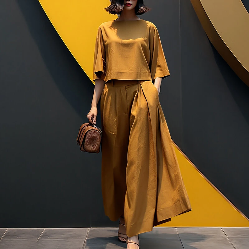 (image for) ZANZEA Korean Style Womens Elegant Sets Short Sleeve Blouse Top Wide Leg Loose Trousers Casual Suit