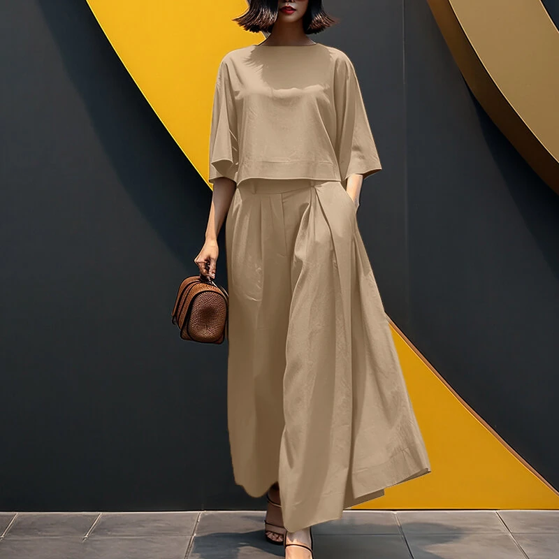 (image for) ZANZEA Korean Style Womens Elegant Sets Short Sleeve Blouse Top Wide Leg Loose Trousers Casual Suit