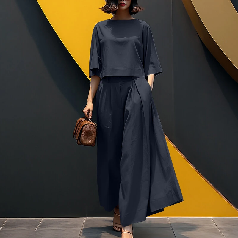 (image for) ZANZEA Korean Style Womens Elegant Sets Short Sleeve Blouse Top Wide Leg Loose Trousers Casual Suit