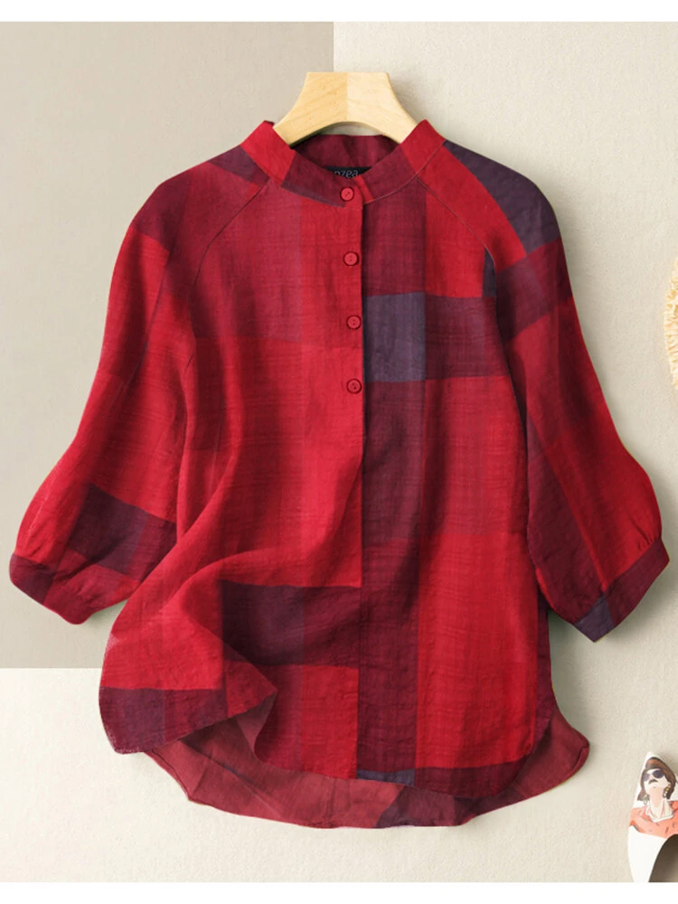(image for) ZANZEA Plus Size Loose Fit Check Print Button Stand Collar 3/4 Sleeve Cotton Linen Women Blouse