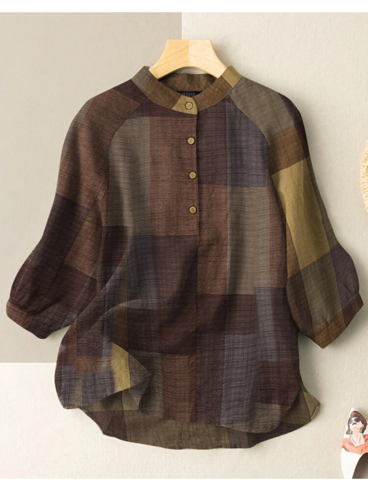 (image for) ZANZEA Plus Size Loose Fit Check Print Button Stand Collar 3/4 Sleeve Cotton Linen Women Blouse