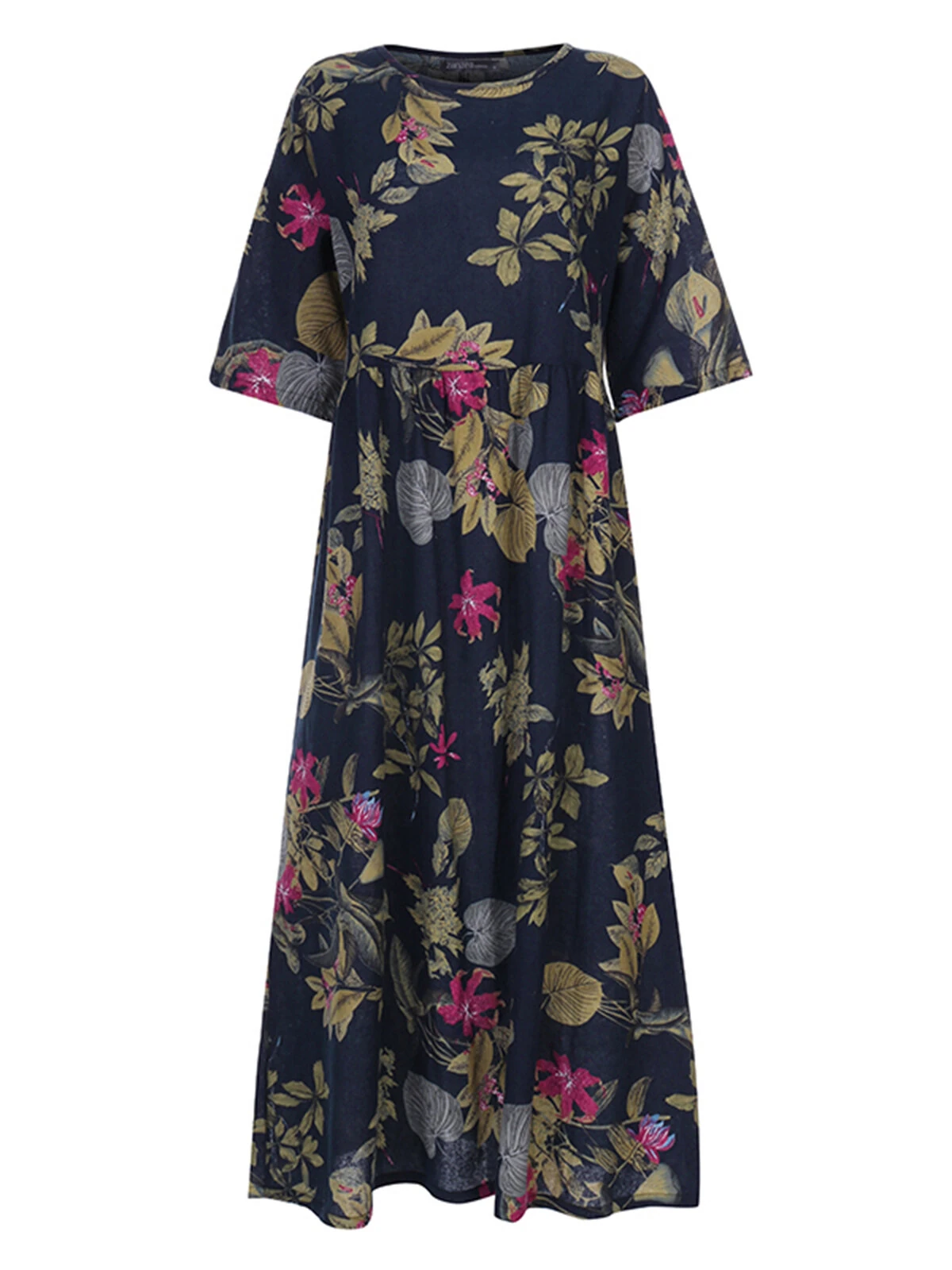 (image for) ZANZEA Plus Size Women Beach Long Dress Retro Floral Printed Round Neck Three Quarter Sleeve Pleated Beach Maxi Dresses