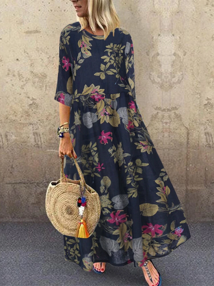 (image for) ZANZEA Plus Size Women Beach Long Dress Retro Floral Printed Round Neck Three Quarter Sleeve Pleated Beach Maxi Dresses