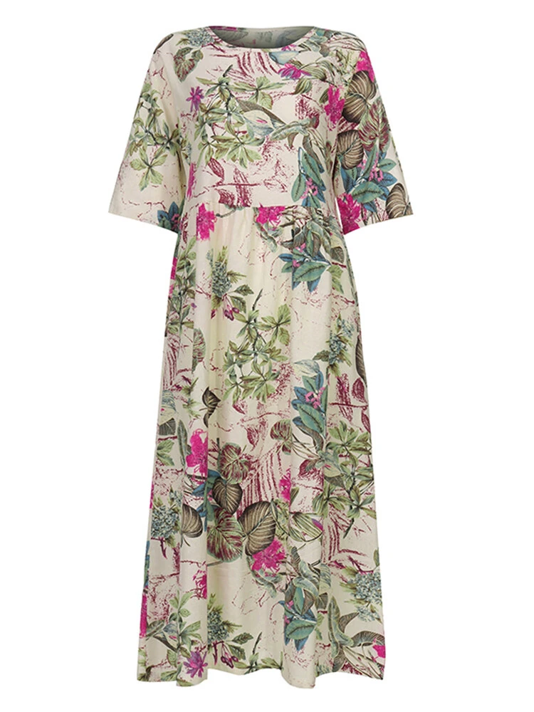 (image for) ZANZEA Plus Size Women Beach Long Dress Retro Floral Printed Round Neck Three Quarter Sleeve Pleated Beach Maxi Dresses