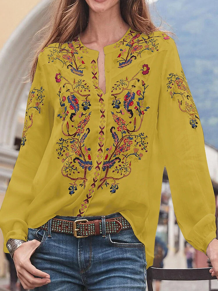 (image for) ZANZEA Plus Size Women Blouse Ethnic Style Print Round Neck Long Sleeve Bohemia Button Shirt For Women