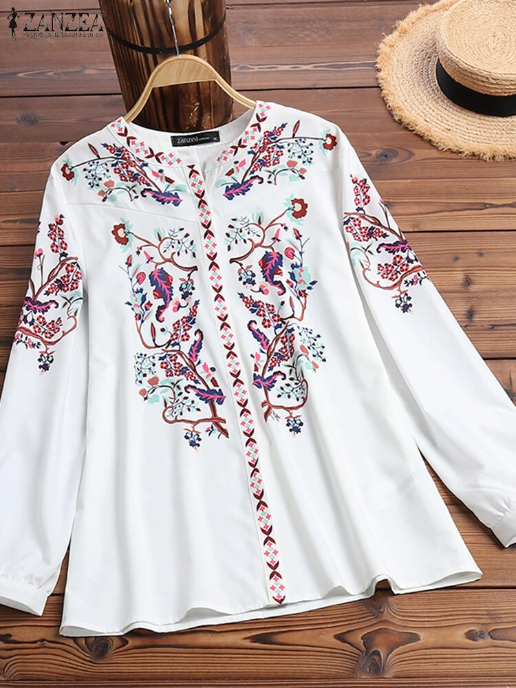 (image for) ZANZEA Plus Size Women Blouse Ethnic Style Print Round Neck Long Sleeve Bohemia Button Shirt For Women