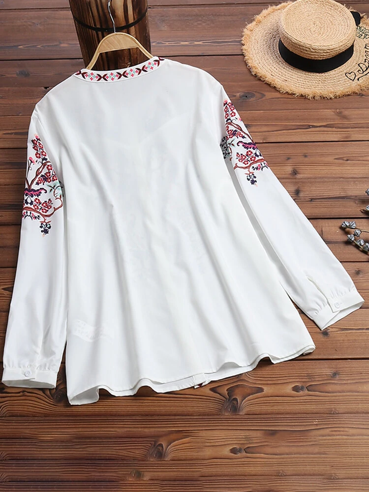 (image for) ZANZEA Plus Size Women Blouse Ethnic Style Print Round Neck Long Sleeve Bohemia Button Shirt For Women