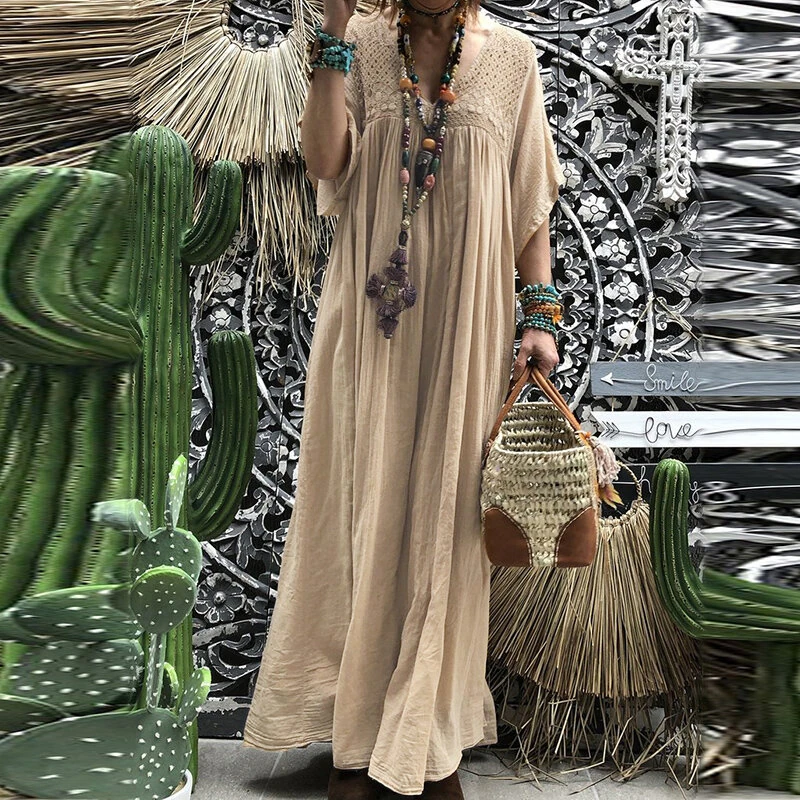 (image for) ZANZEA Plus Size Women Bohemian Long Dress Short Sleeve Hollow Out Robe Kaftan Solid Beach Maxi Dress