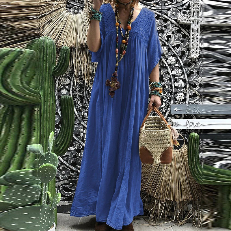 (image for) ZANZEA Plus Size Women Bohemian Long Dress Short Sleeve Hollow Out Robe Kaftan Solid Beach Maxi Dress