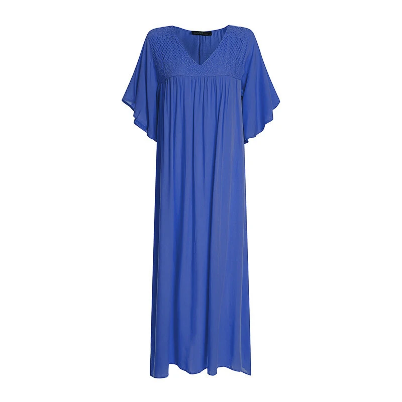 (image for) ZANZEA Plus Size Women Bohemian Long Dress Short Sleeve Hollow Out Robe Kaftan Solid Beach Maxi Dress