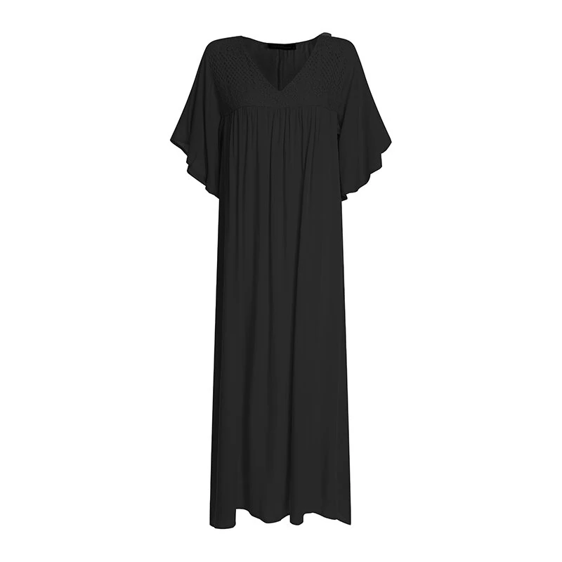 (image for) ZANZEA Plus Size Women Bohemian Long Dress Short Sleeve Hollow Out Robe Kaftan Solid Beach Maxi Dress