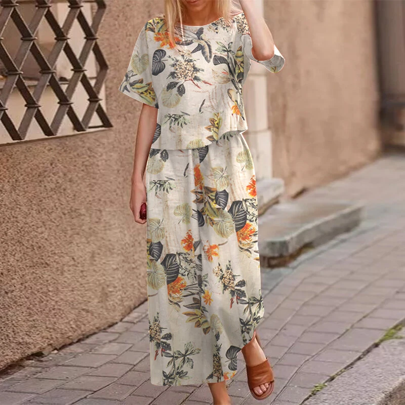 ZANZEA Plus Size Women Casual Floral Print Cotton Pantsuits, Vintage Printed Short Sleeve T-shirt & Wide Leg Pants Outfits, Women's Clothing Two-Piece Set S-5XL (image for) ZANZEA Plus Size Women Casual Floral Print Cotton Pantsuits, Vintage Printed Short Sleeve T-shirt & Wide Leg Pants Outfits, Women's Clothing Two-Piece Set S-5XL