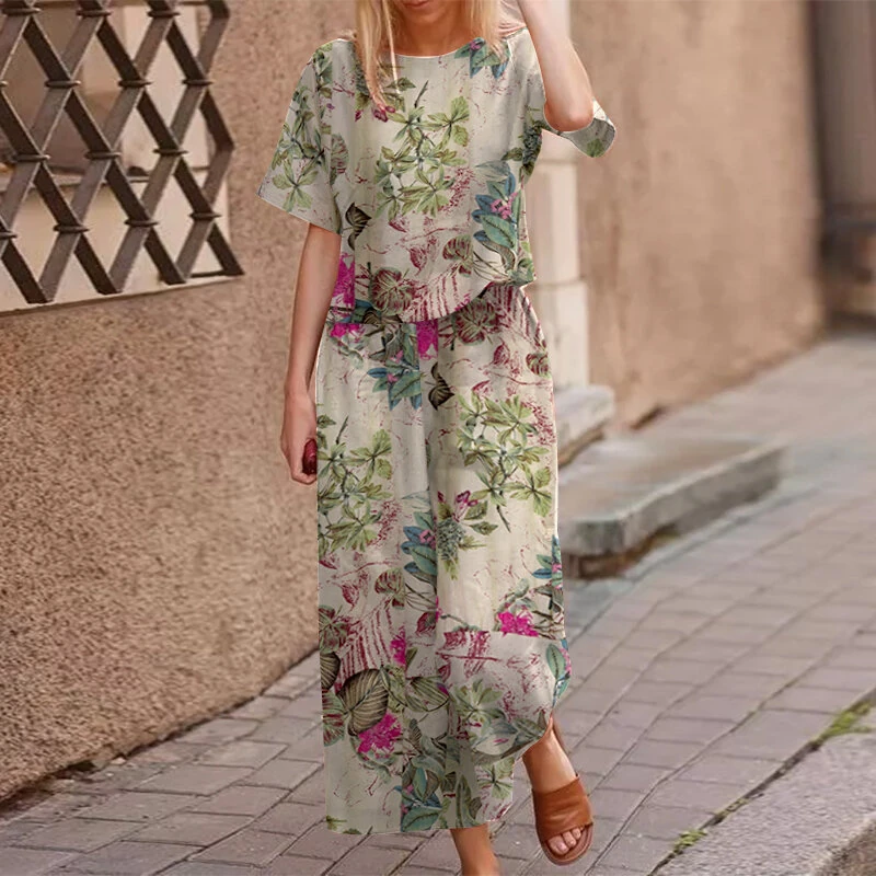 (image for) ZANZEA Plus Size Women Casual Floral Print Cotton Pantsuits, Vintage Printed Short Sleeve T-shirt & Wide Leg Pants Outfits, Women's Clothing Two-Piece Set S-5XL