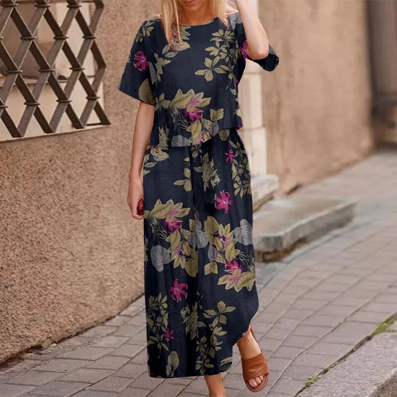(image for) ZANZEA Plus Size Women Casual Floral Print Cotton Pantsuits, Vintage Printed Short Sleeve T-shirt & Wide Leg Pants Outfits, Women's Clothing Two-Piece Set S-5XL